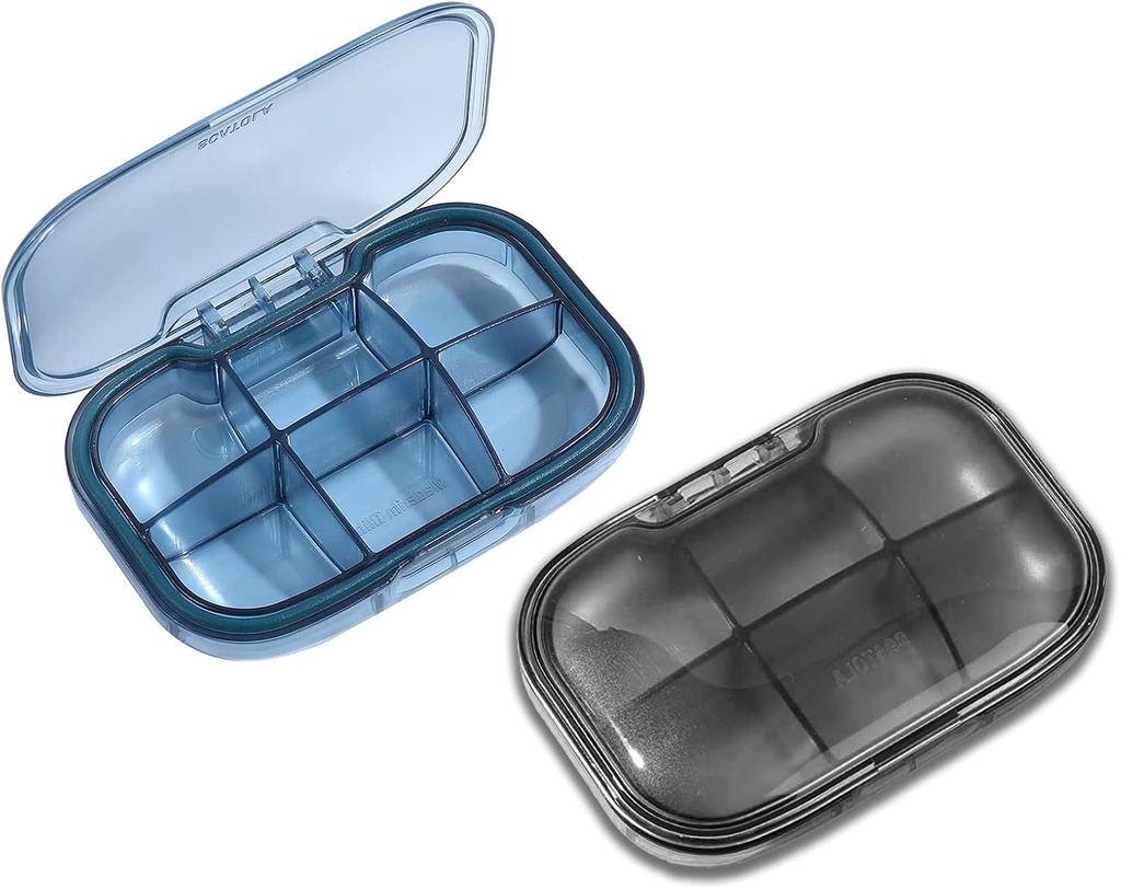 2 Pack 6 Compartment Pille Box, Moisture Proof Pille Case, Travel Pill Organizer für Pocket Purse, Täglich tragbare Medizin Vitamin Box, Fish Oil Box, Supplement Box (Blau & Schwarz)