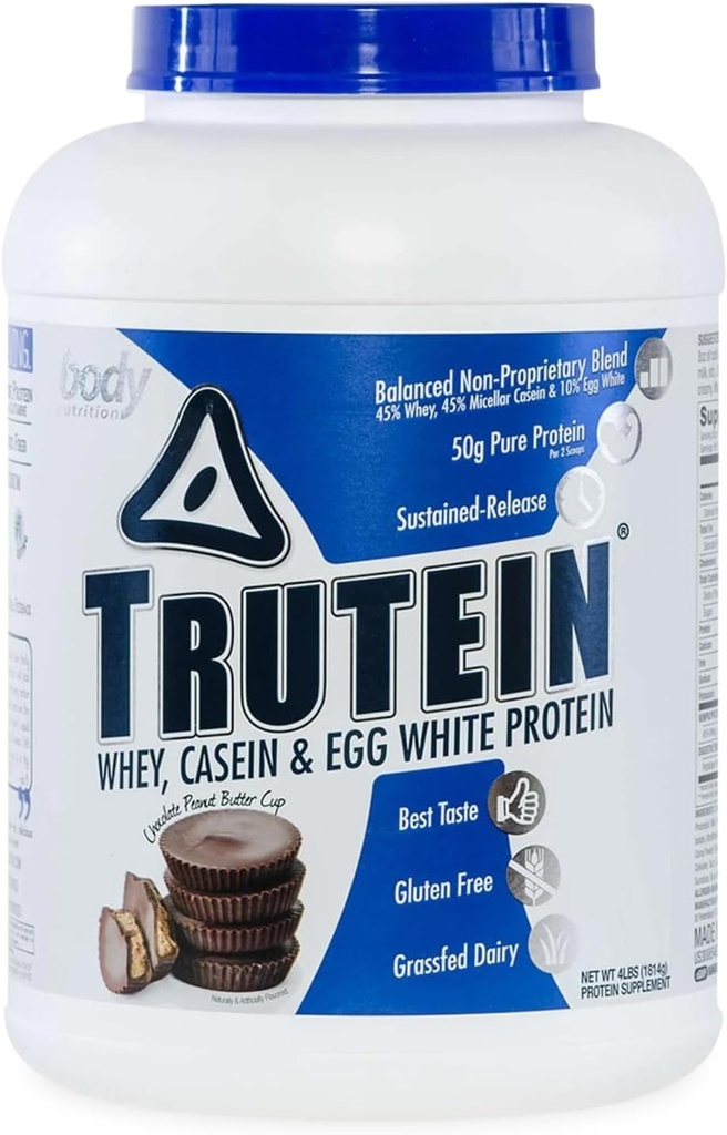Body Nutrition Trutein High Protein Powder: 45% Whey, 45% Casein, 10% Egg White Protein Shake Mix, Glutenfrei, Low Sodium, Low Carb Protein Supplement für Männer & Frauen, Schokolade Peanut Butter, 4lb