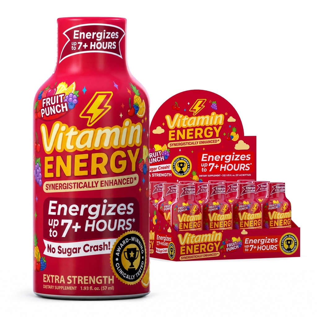 Vitamine Energy Immune+ Extra Strength Energy Shot Fruit Punch 12 Pack, 260mg Caféine naturelle, B-Vitamines, Citicoline, Thé vert, Immunity & Focus Support, Zéro sucre, Sans gluten 1,93 fl oz