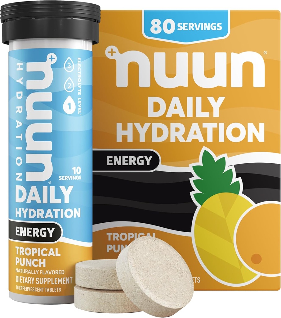 Nuun Énergie Comprimés électrolytiques avec Ginseng, caféine de l'extrait de thé vert, vitamine B12, B6, B5, magnésium et 4 autres électrolytes, sans gluten et végétalien, punch tropical, 8 paquets (80 portions Total)