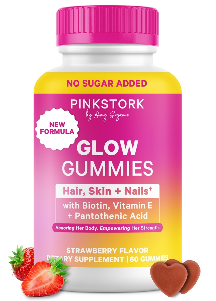Pink Stork Total Glumies pour les femmes – Cheveux, peau et ongles Vitamine avec biotine, vitamine A, B6, B12, Folate, zinc et plus – Soutien pour la peau radiante, ongles forts et cheveux sains – 60 baies