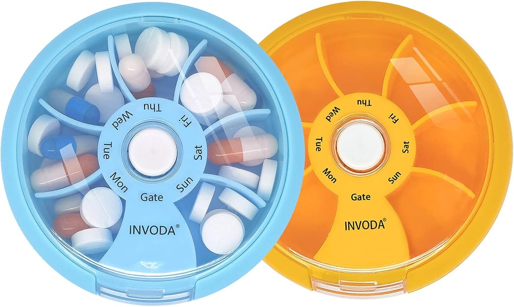Organizzatore di pillole settimanali INVODA 7 scomparti scatola di pillole rotanti per farmaci giornalieri &amp; vitamine - Portable Travel Pill Case Fish Oil Supplements Vitamins Organizer (Blue+Orange)