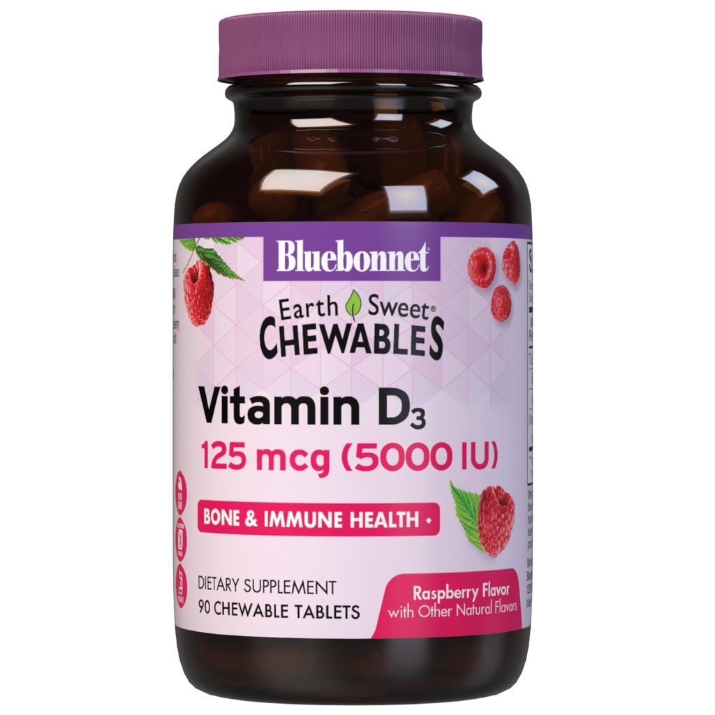 Bluebonnet Nutrition Terre Vitamine douce D3 5000 UI Comprimés à croquer, aides à la croissance musculaire et squelettique, non OGM, sans gluten et sans soja et sans lait, casher, framboise, blanc, 90 comte