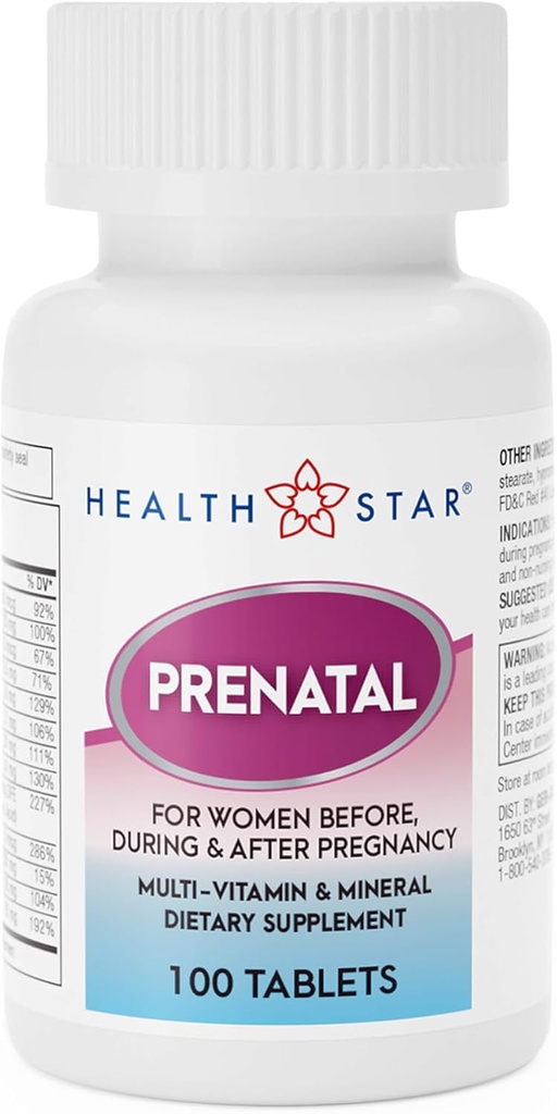 Health Star Pränatale Vitamine für Frauen vor, während und nach Schwangerschaft Pränatal-Postnatal Multivitamine mit Folsäure & Minerals für Schwangerschaft Support| Tägliche Schwangerschaftsergänzung, 100 Tabletten