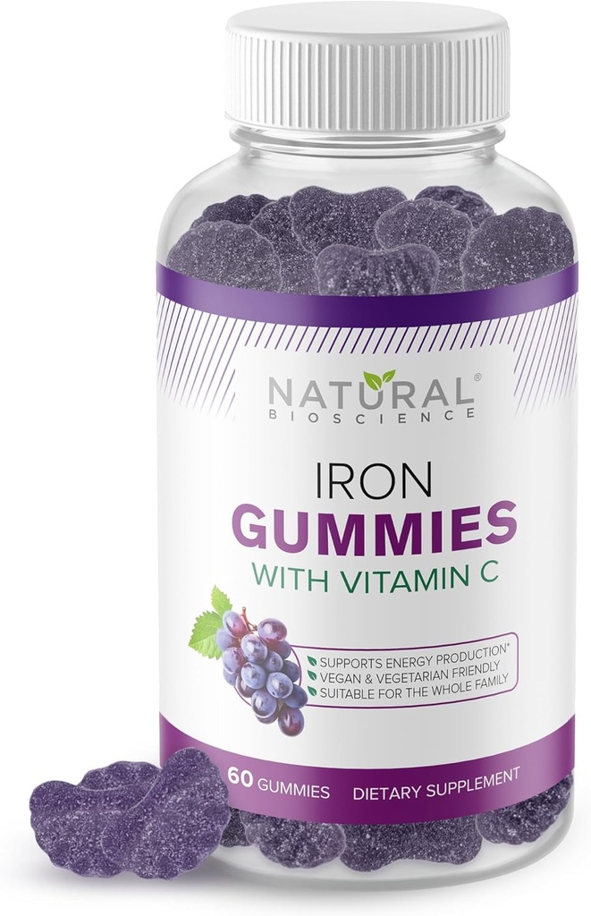 Gommies de fer avec vitamine C - Supplément de fer à croquer pour les adultes et les enfants, Anémie de carence en fer, Soutien des globules rouges, Énergie, Fonction immunitaire, Santé du cerveau, Absorption maximale, 60 Gommies végétaliens