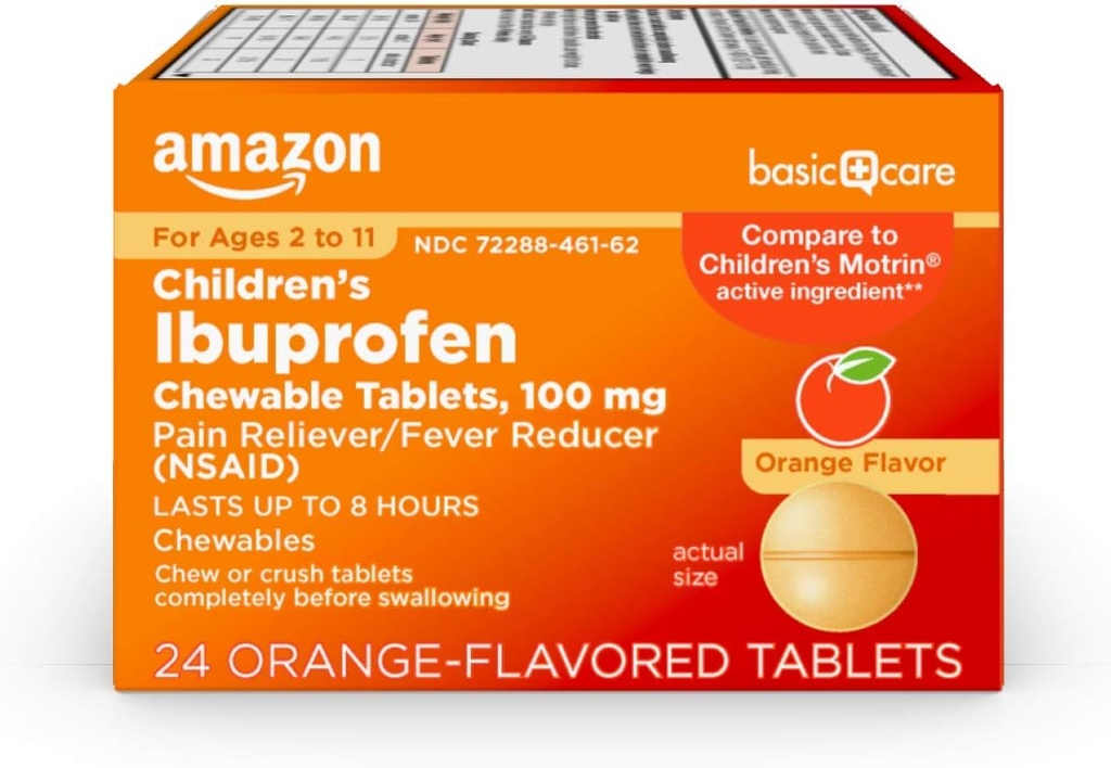 Ibuprofen Chewable Tablets Ibuprofen per bambini, 100 mg, Riduttore di dolore e febbre, Aroma arancione, Per dolori, Dolori, Troia di dolore, Toothache e Rilievo di mal di testa, 24 Conte
