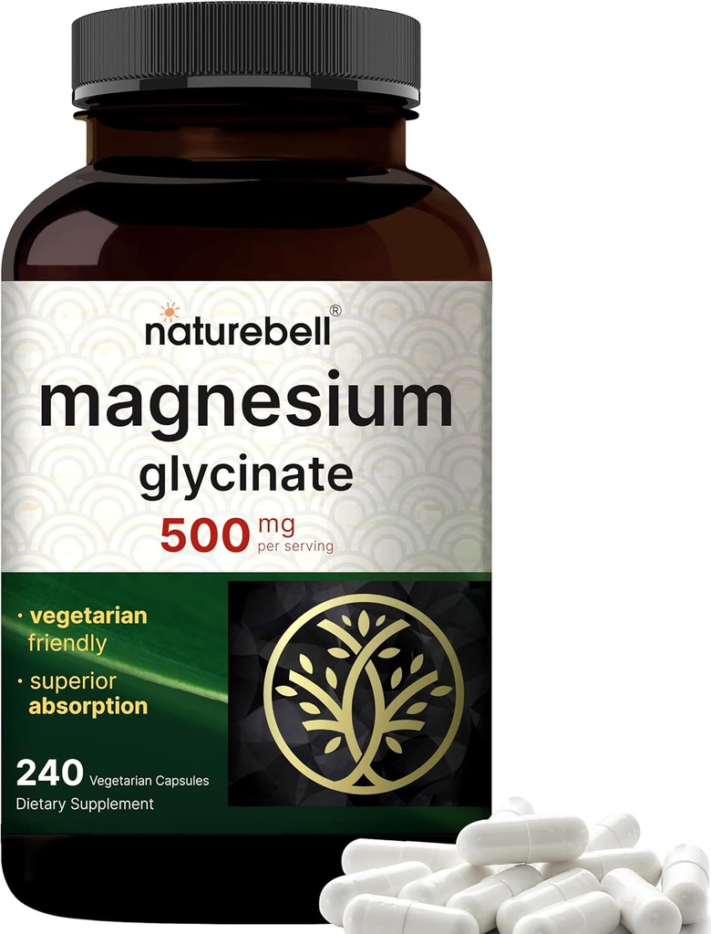NatureBell Magnesium Glycinate 500mg, 240 capsule vegetali | 100% Chelated & Purified | Sleep, Muscle & Nerve Support | Non OGM, Senza glutine