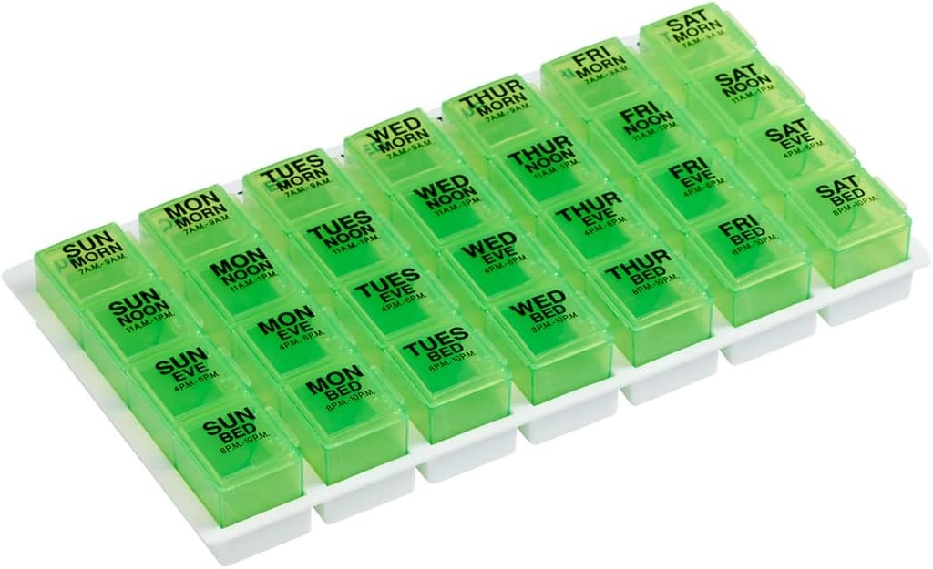Ezy Dose settimanale (7-giorno) organizzatore di pillole, scatola di vitamina e di medicina, grandi scomparti pop-out, 4 volte al giorno, verde