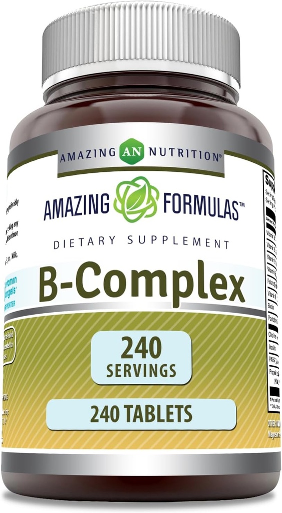 Formules étonnantes Complexe de vitamine B avec 11 éléments nutritifs clés (complément de comprimés) Vitamine B1, B2, B3, B6, B12, Acide folique, Biotine, Choline, Inositol, PABA (240 Nombre)