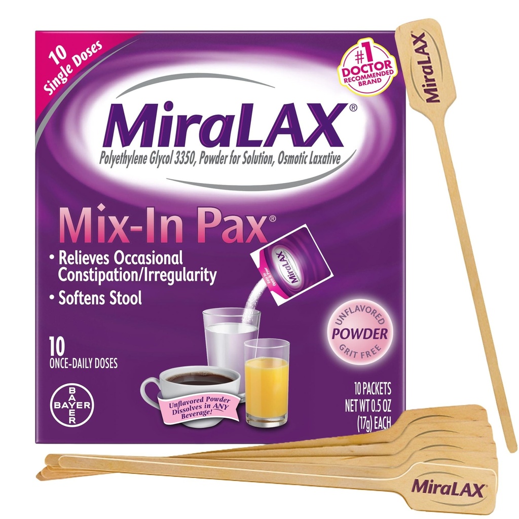 MiraLAX Gentle Constipation Relief Laxative Pulver, Hocker Erweicher mit PEG 3350, keine Harsh-Seiteneffekte, Single Dose Mix-In Pax mit Mixing Stirrers, Travel Pack, 10 Dose