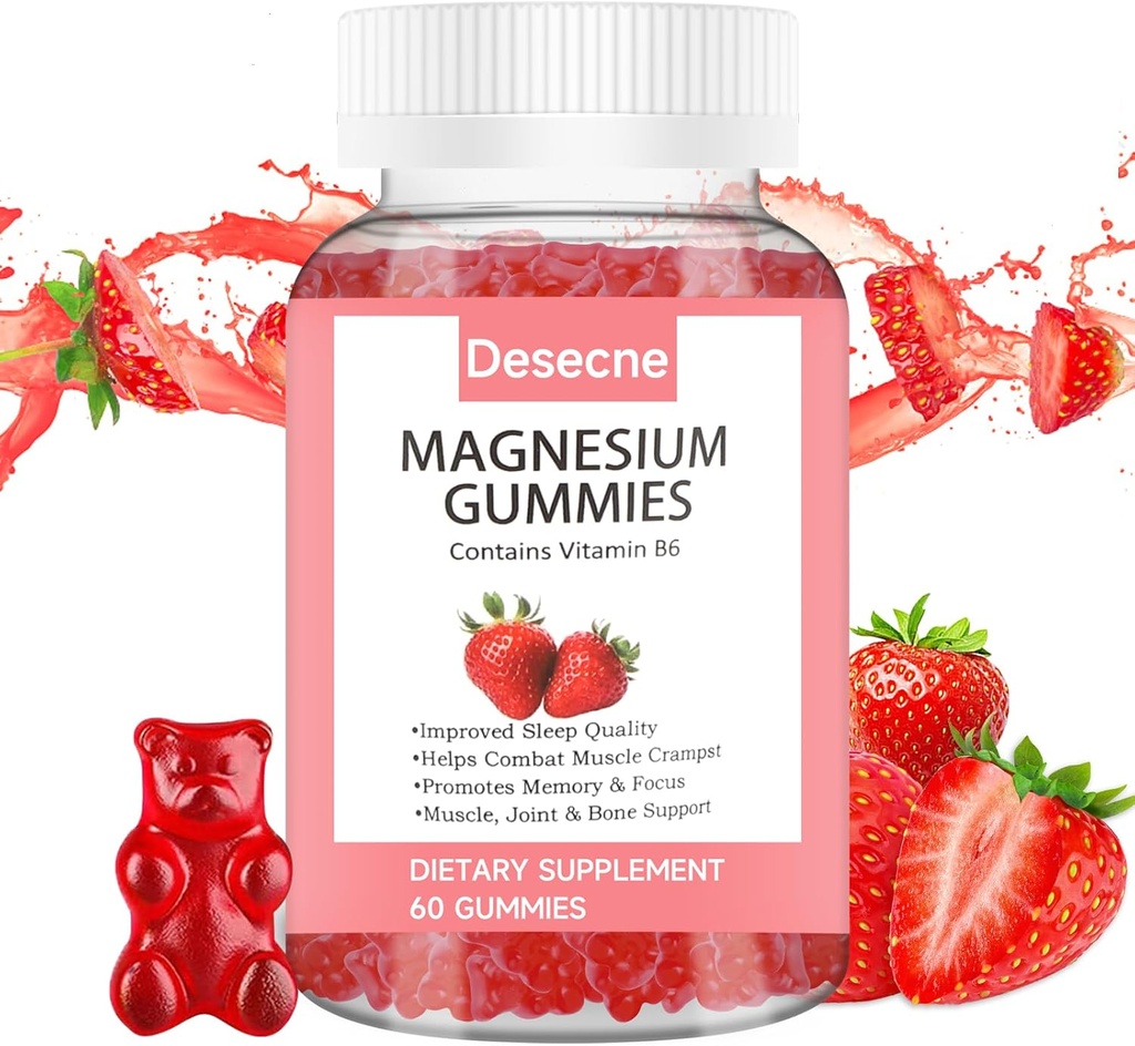 Magnesium Glycinate Gummi für Erwachsene Kinder mit Vitamin B6, Erdbeeren Flavor Calm Magnesium Supplement, Magnesium Citrat für Schlaf, 60 Gummie pro Flasche