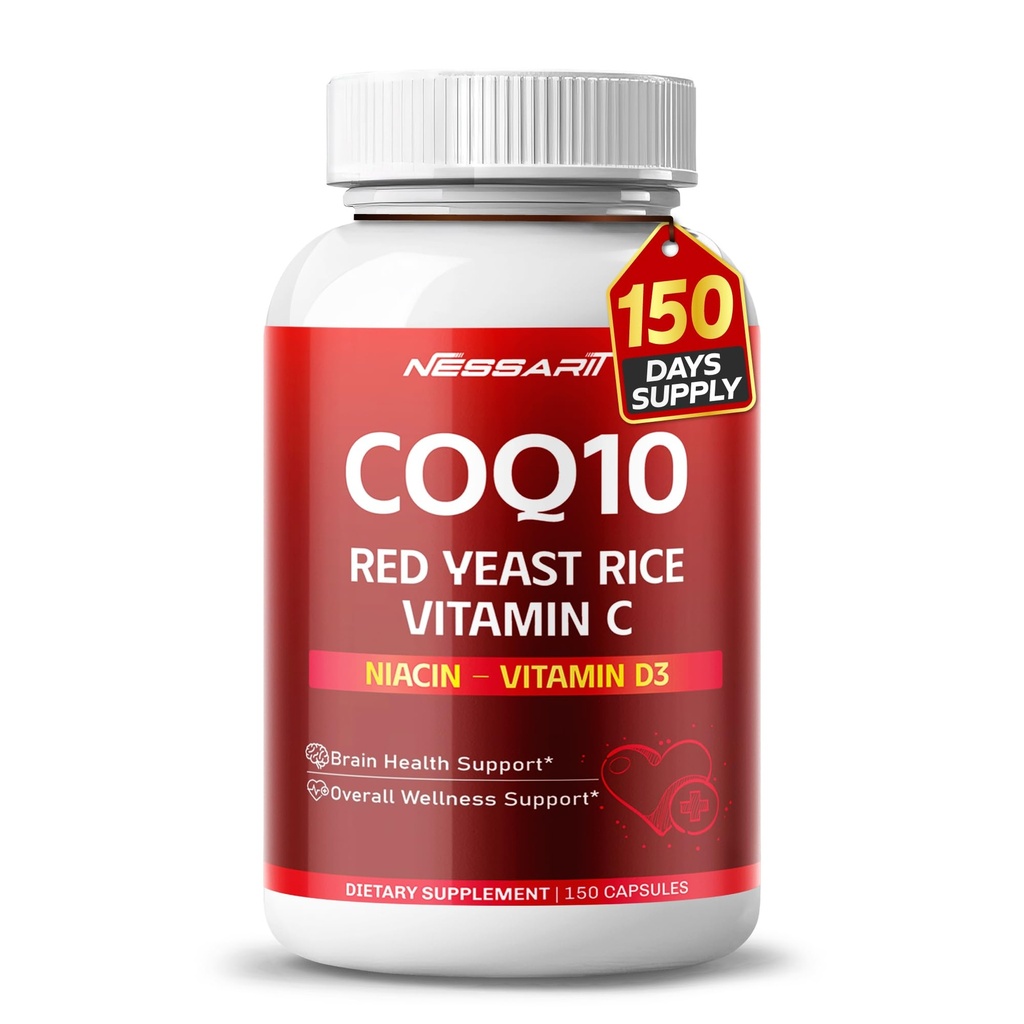 COQ10 + Integratore di riso di lievito rosso - 10-in-1 Miscela naturale con Omega 3 Vitamina B3, K2, D3, Zinc Milk Thistle Black Pepper - 150 Conte - Made & Tested in USA