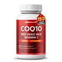 COQ10 + Rote Hefe Reis-Ergänzung - 10-in-1 Natürliche Mischung mit Omega 3 Vitamin B3, K2, D3, Zink Milk Thistle Black Pepper - 150 Count - Made & Tested in USA
