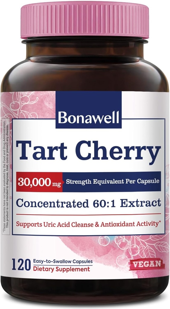 Bonawell Tart Cherry Capsule 60:1 Extrakt, 30000mg Stärke, Hergestellt aus Montmorency Tart Cherries, Leistungsstarke Uric Acid Cleanse, Mobility, 4 Month Supply, 120 Kapseln