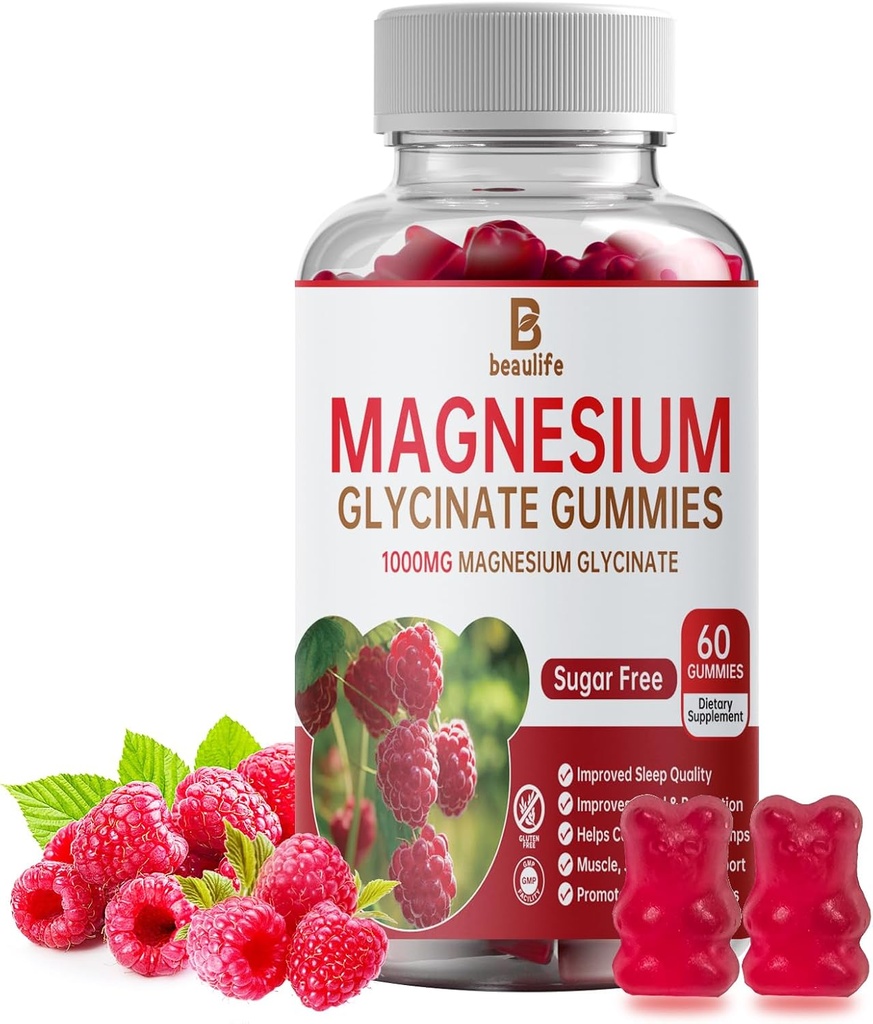 Magnesio Glycinate Gummies, Magnesio Supplemento, Magnesio Glycinate, Vitamina C, D, B12, CoQ10, per calma mood & muscolo, Sonno, per adulti, 60 Gummies