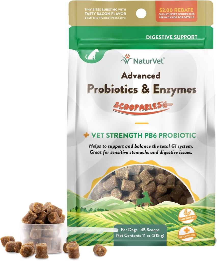 NaturVet Scoopables Probiotici avanzati per cani - Chewable Dog Probiotics & Digestive Enzymes - Supporta un Gut sano per il tuo animale domestico - Hickory Smoked Bacon Flavor | 11oz Bag