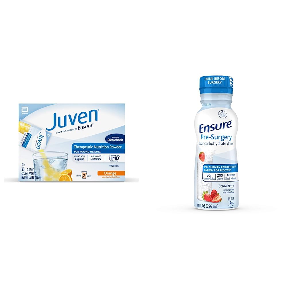 Juven Therapeutic Nutrition Drink Mix Powder for Wound Healing Support, Inclut Collagen Protein, Orange, 30 Compte et assurer la pré-chirurgie, boisson d'hydrate de carbone clair, fraise, 10 fl oz, 4 Compte