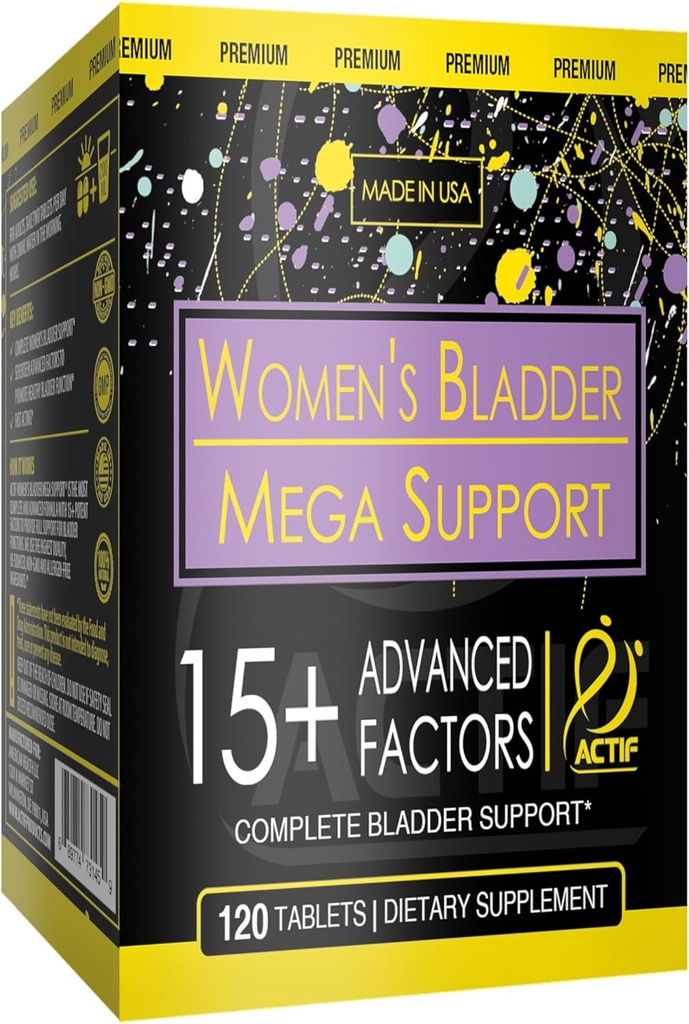 Supporto Mega della vescica di Actif con 15+ Fattori, Non OGM, per il controllo della vescica e il supporto completo della vescica, Made in USA, 120 Conte