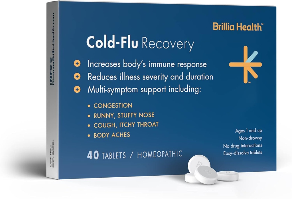 Brillia Health - Cold-Flu Recovery - 40 Tablet - Rilievo omeopatico freddo-lu - Fornisce sollievo clinicamente-proven per freddo, fluido e tosse - per adulti e bambini