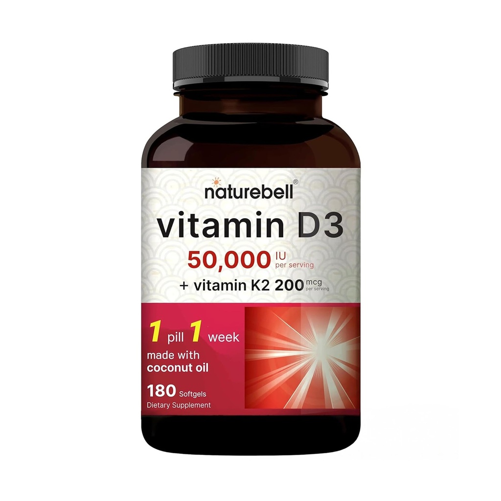 NatureBell Vitamine D3 50 000 UI + K2 200 mcg, 180 Softgels Formule une fois par semaine avec de l'huile de coco.