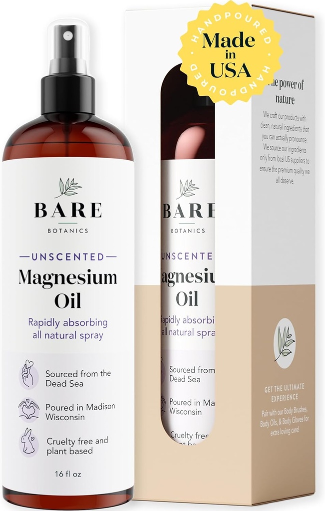 Bare Botanics Unscented 16oz Pure Magnesium Spray olio da The Dead Sea | Rapidly Absorbing | Handpoured in Madison, WI | Supports Sleep & Soothes Sore Muscles