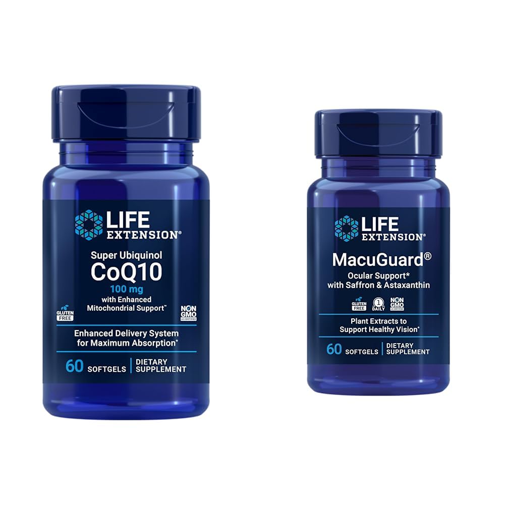 Life Extension Super Ubiquinol CoQ10 Heart Health Cellular Energy 60 Softgels & Macuguard Ocular Support Lutein Zeaxanthin Saffron Astaxanthin Augengesundheit 60 Count