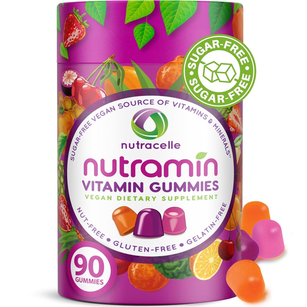 NUTRAMIN Daily Vegan Keto Multivitamin Gummies Non OGM Vitamina C, D + Zinco per Immunità, Basato vegetale, Senza zucchero, Senza glutine, Senza glutine, Biotina, Vitamina A, B6, B12 & Più 90 Conte, 45 giorni