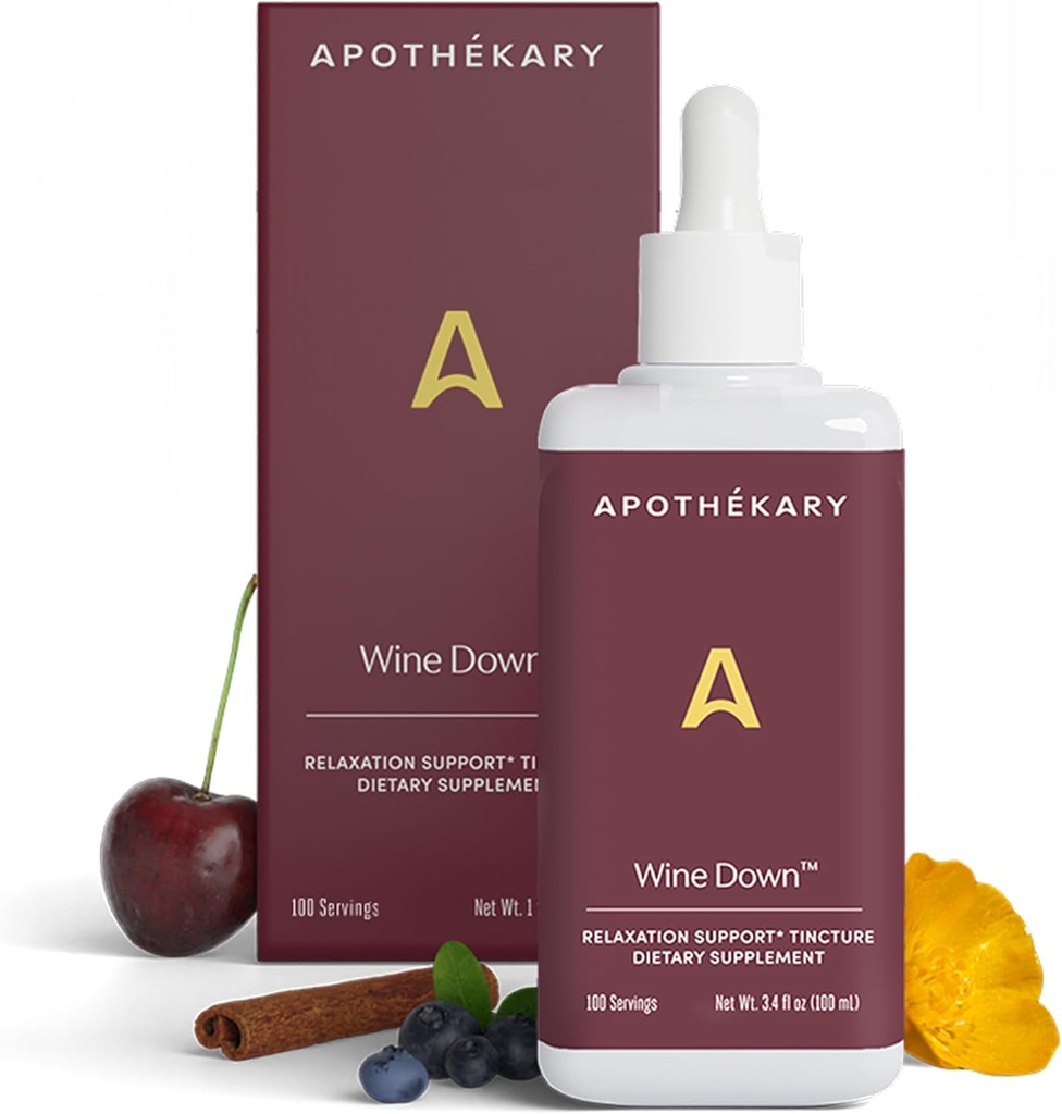 Apothékary Wine Down, Natural Sleep and Relaxation Support, Alcohol-Free Red Wine-Inspired Herbal Liquid Drops, Consists of Blue Vervain, Tart Cherry, und California Poppy, 4 oz, 100 Servierungen