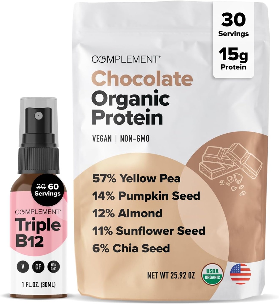 Ergänzung Bio-Schokolade Vegan Protein Powder & Triple B12 Spray Bundle – Pflanzenbasiertes Protein und essentielle B12 Ergänzung für Energie und Wellness