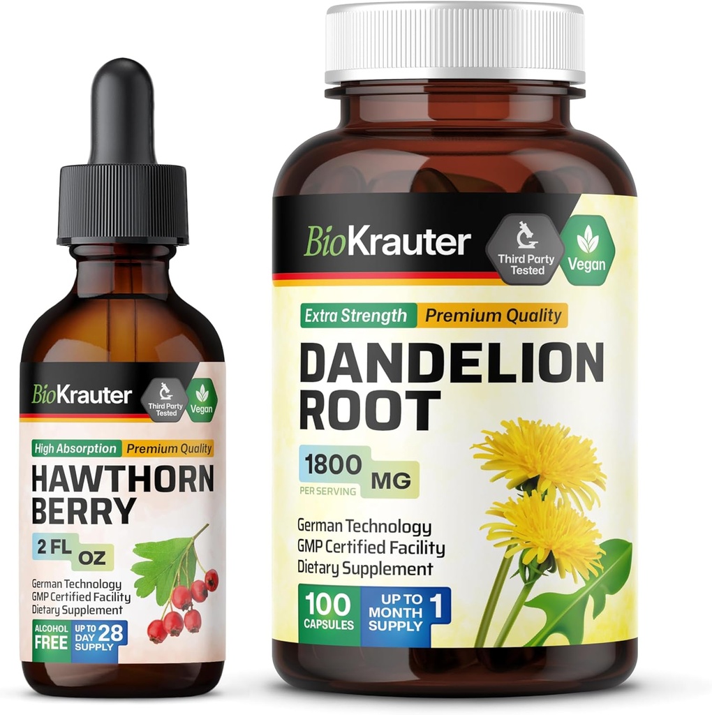 BIO KRAUTER Hawthorn Tinktur 2 Fl. Oz. & Dandelion 100 Kapseln