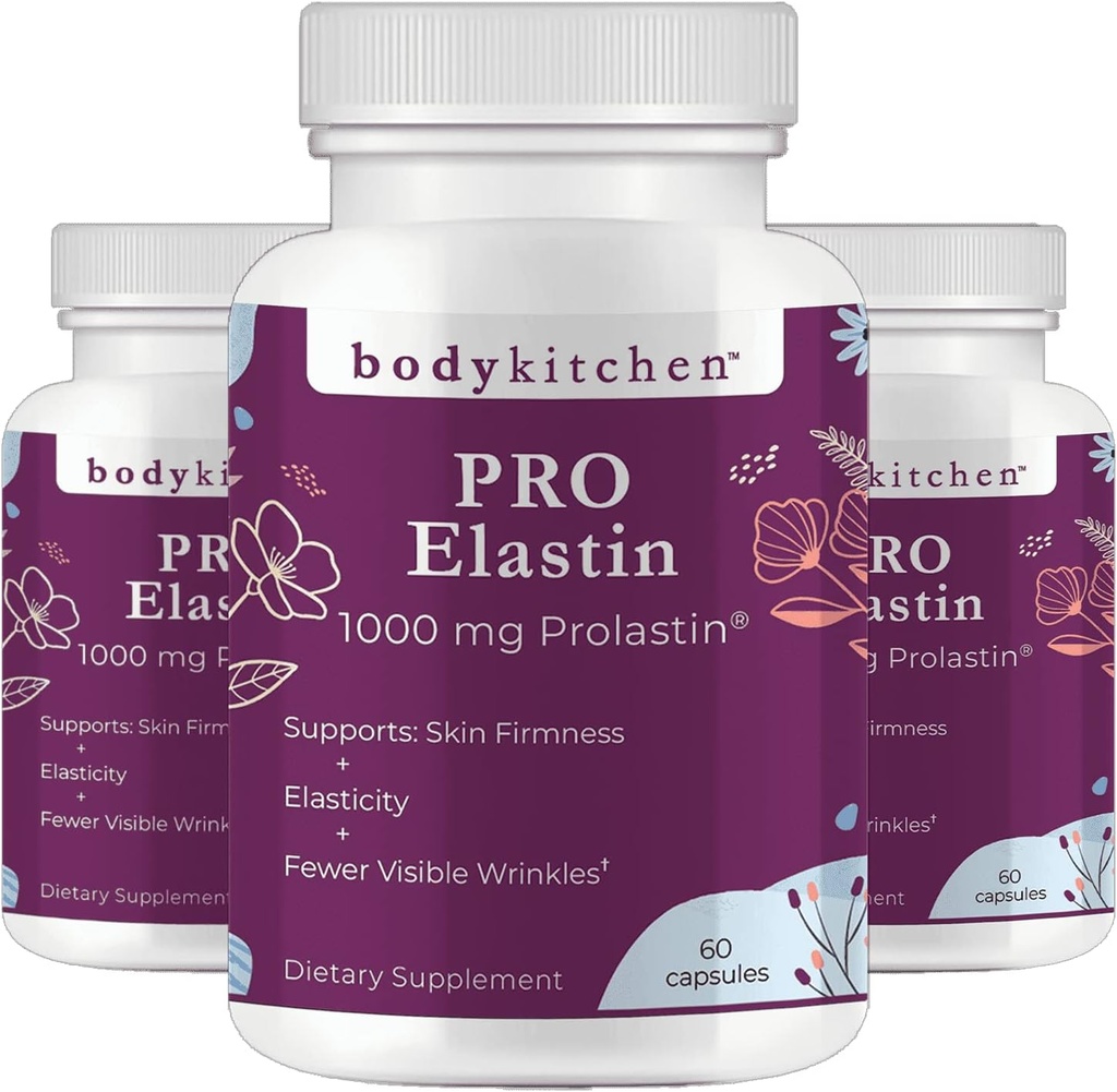 Body Kitchen Pro-Elastin 1000 mg Elastin-Ergänzung, Verringern Sie Zeichen der Alterung, Verbesserung der Hautgesundheit, Firmness & Elastin, Weniger Falten, Veggie Caps (Pack von 3)