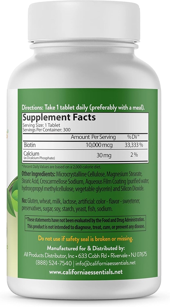 California Essentials Biotin 10000mcg | Vitamina B7 Promuove la pelle sana, Hair & Nail Growth | Integratore alimentare ad alta potenza per gli uomini e le donne | Non OGM, Vegan, Gluten & Dairy Free (300 compresse)