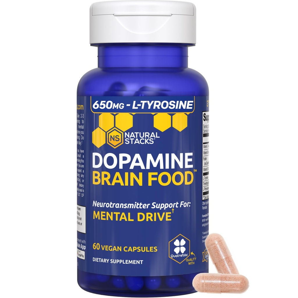 Dopamine Brain Food - 650mg L-Tyrosin Ergänzung - Dopamine Ergänzung für Fokus & Mental Drive - Unterstützt Mental Energy - Neurotransmitter Unterstützung mit B Vitaminen - 60 Kapseln