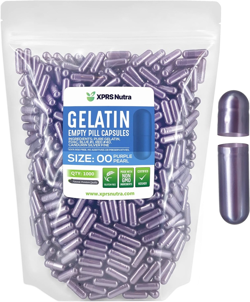 XPRS Nutra Größe 00 Leere Kapseln - 1000 Graf Leere Gelatine Kapseln - Pillen DIY Kapsel Füllung - Füllbare Pille Gel Kapseln für DIY Ergänzungen (Purple Pearl)