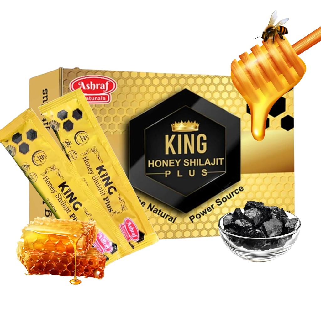 Ashraf Naturals King Honey Shilajit Plus - Premium Honey & Himalayan Shilajit Blend with Herbal Extracts, Natural Energy & Vitality Support,15 Sachets x 15g