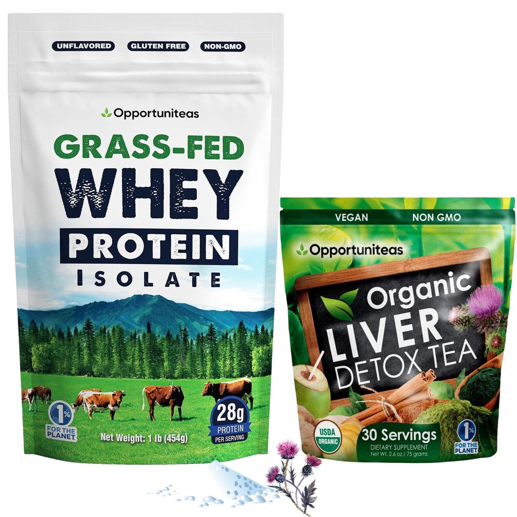 Opportuniteas Grass Fed Unflavored Whey Protein & Liver Detox Matcha Tea - Supporta i tuoi muscoli durante la pulizia del fegato - Bundle