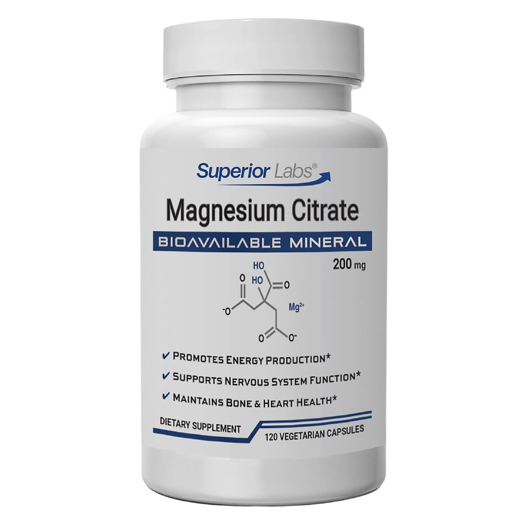 Superior Labs Magnesium Citrate 200mg, High Absorption, Non-GMO, Additive-Free & Gluten-Free, Promotes Calm Sleep, Eases Muscle Cramps & Twitches, Supports Constipation Relief, 120 Veg Caps