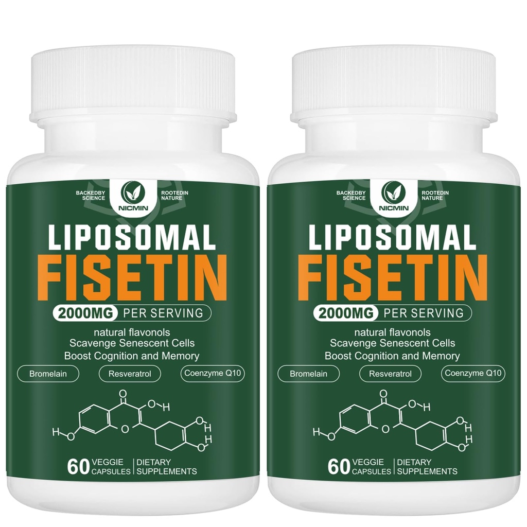 Supplément de fisetin liposomique, 2000MG, 98 % Polyphénols de fisetin pur Antioxydants, avec Quercetin, TMG et Resvératrol, pour le vieillissement en santé, soutien cognitif, 120 capsules