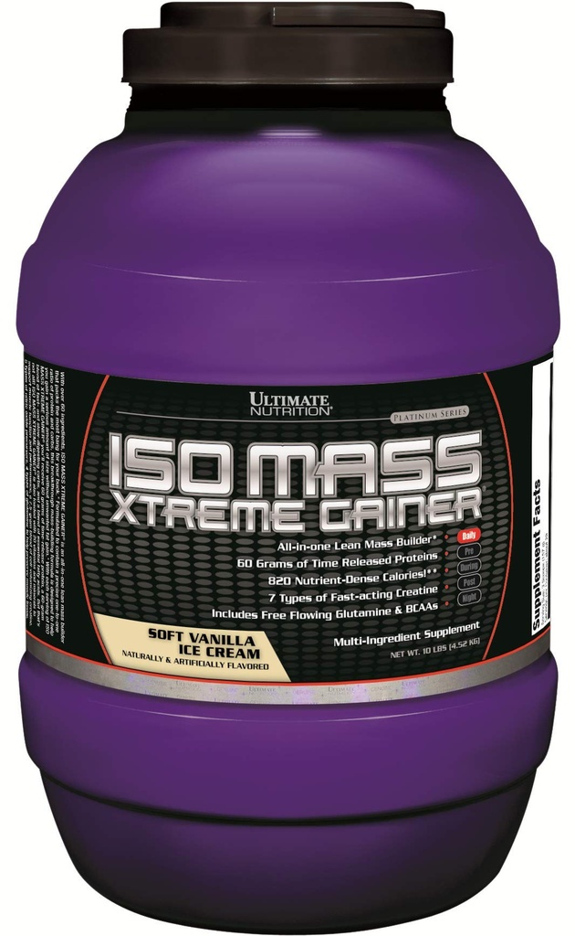 Ultimate Nutrition ISO Mass Xtreme Gainer, Weight Gainer Protein Powder with Creatine, 60 Grams of Protein, Whey Isolate Protein Powder for Lean Muscle Gain, 10 LBS with 30 Servings, Vanilla Ice Cream