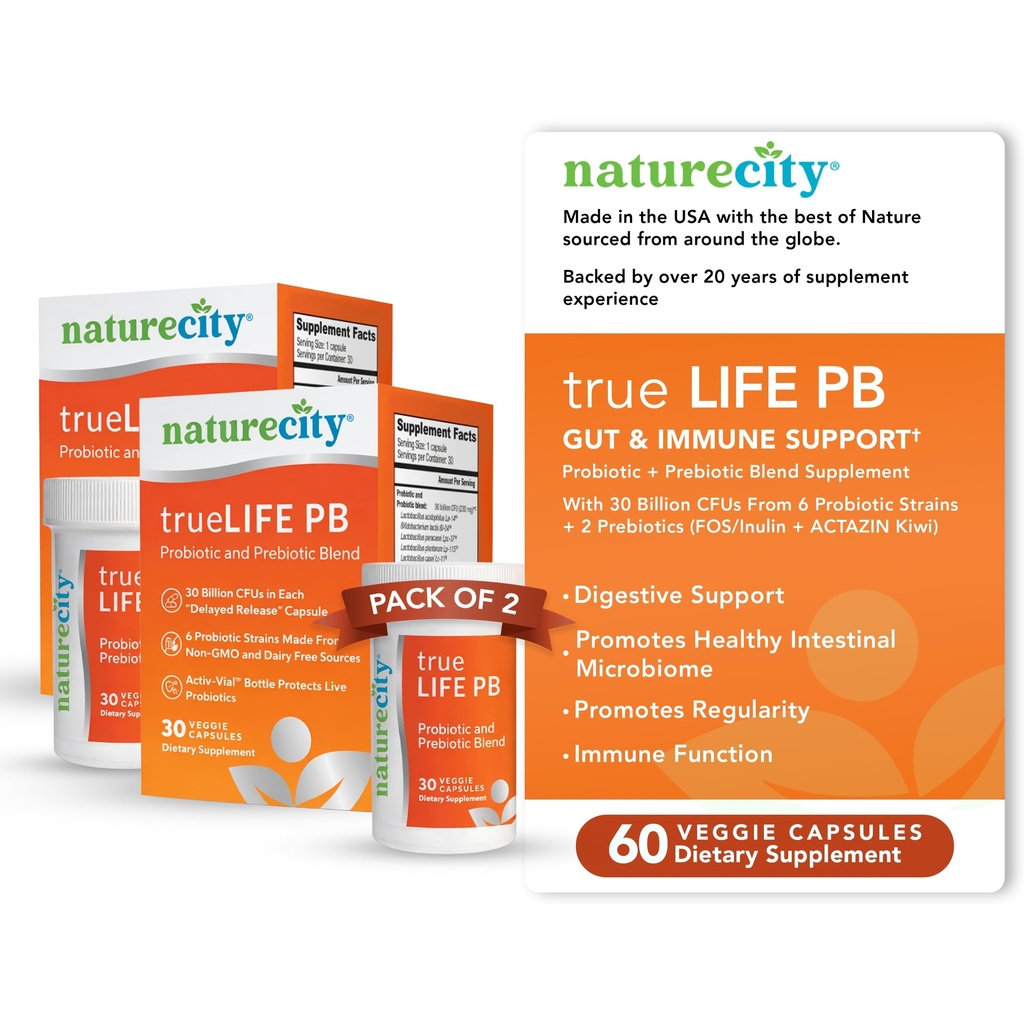 NatureCity True-Life-PB plateau mélange stable prébiotiques et probiotiques pour les femmes et les hommes - Suppléments de santé digestifs pour les femmes et les hommes - Sans lait - (60 capsules de légumes)