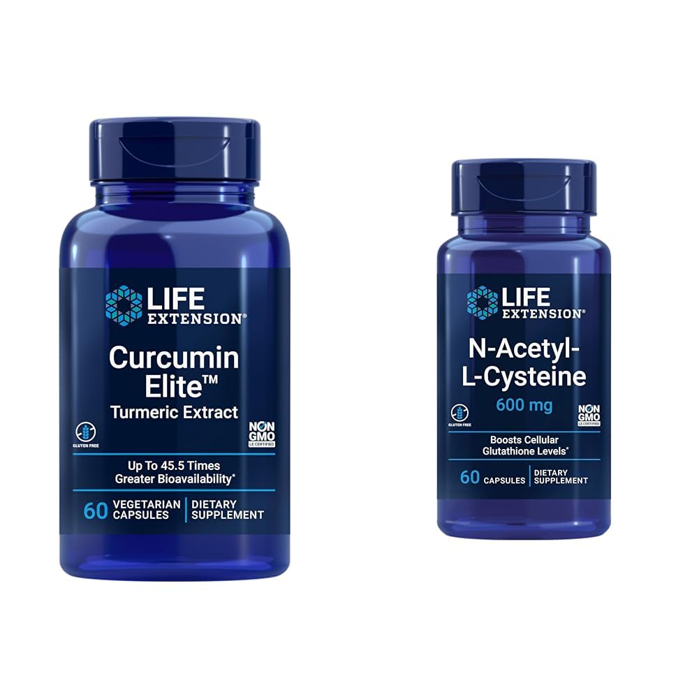 Estensione della vita Curcumin Elite Turmeric Extract & N-Acetyl-L-Cysteine (NAC), Immune, Respiratorio, Salute del fegato, NAC 600 mg, Potente supporto antiossidante, Radicali liberi, Facile da assorbire, 60 capsule