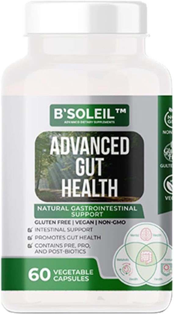 B’SoleilTM Advanced Gut Health Probiotic - Pre, Pro & Post Biotics - Natural Gastrointestinal Support - 60 pflanzliche Kapseln - Glutenfrei, Vegan & Non-GMO Genuine Health Probiotics - 25 Billion CFU