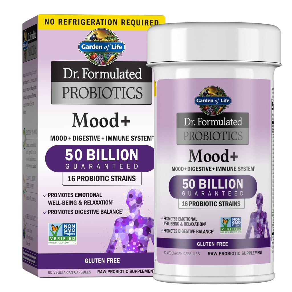 Garten des Lebens Dr. Formulierte Probiotika Mood+ - 50 Billion CFU - Unterstützt Entspannung & Verdauungsgesundheit - Regal Stabil - 60 vegetarische Kapseln