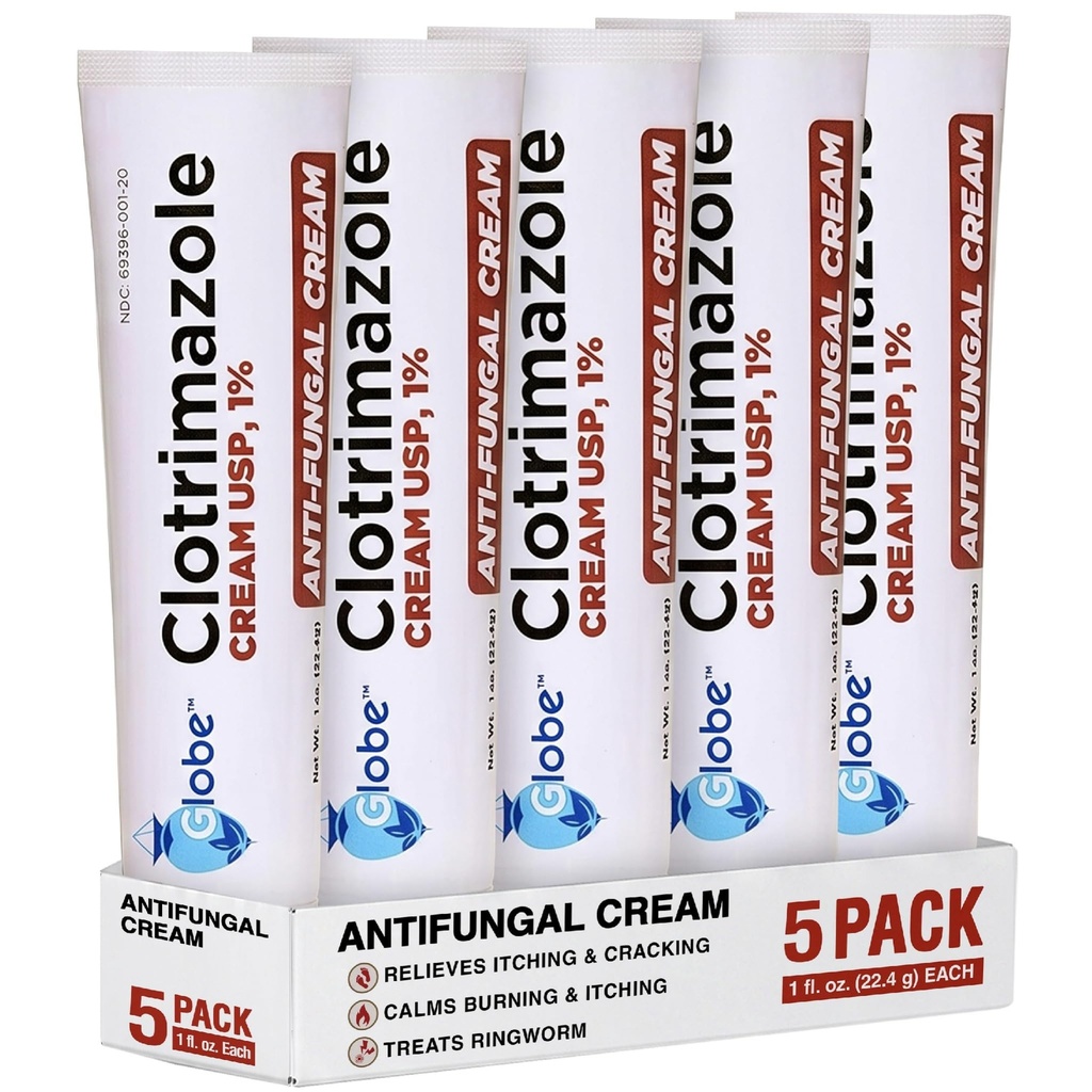 (5 pack) Globe Clotrimazole Crème Antifongique 1% (1 oz) Soulage les démangeaisons, les brûlures, les fissures et les échelles associées aux infections fongiques.