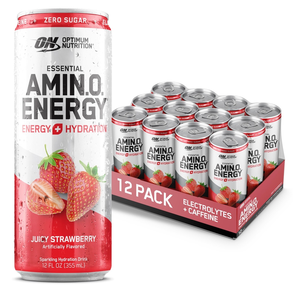 Optimum Nutrition Amino énergie Sparkling boisson d'hydratation, électrolytes, caféine, acides aminés, BCAAs, sans sucre, fraise juteuse, 12 Fl Oz, 12 pack (emballage mai Vary)