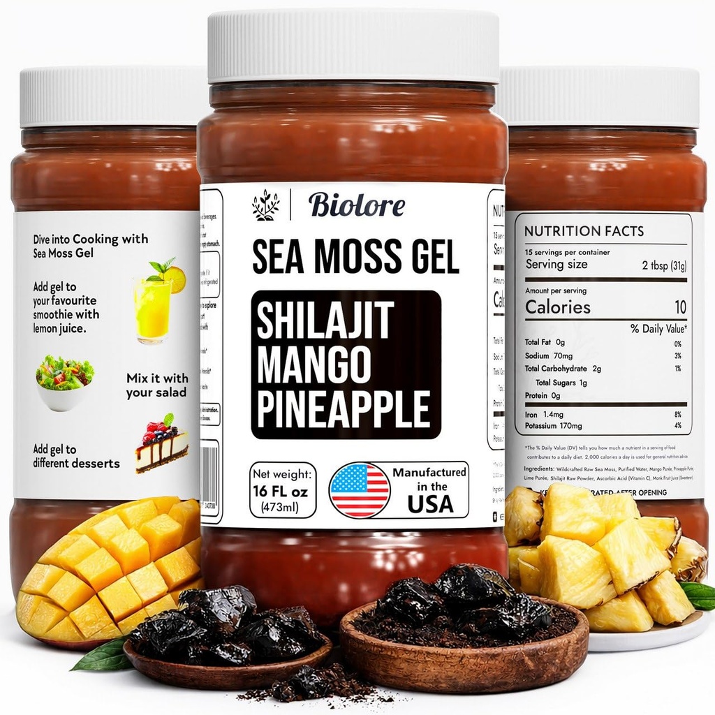 Biolore Wildcrafted Sea Moss Gel con Shilajit - Mango Anaapple 16 oz - Gel di Moss di mare aromatizzato con Vitamine essenziali & Trace Minerals - Vegan Superfood - Made in USA, Gluten-Free, No Aggiunto Sugar