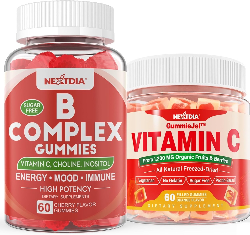 2 Pack Vitamin B Complex Gummis mit 2000 mcg Methyl B12, Methyl Folate + 1 Pack ganz Nahrung Vitamin C Gummis