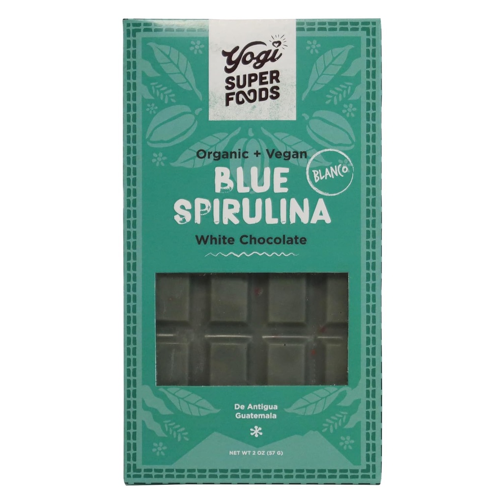 Yogi Super Foods Vegan White Chocolate Blue Spirulina Bar, Gesund und Bio für Energie Boost aus Roh Cacao Butter, Glutenfreie Hafer, mit Pana Zucker, Macadamia Nüsse - 1 Bar