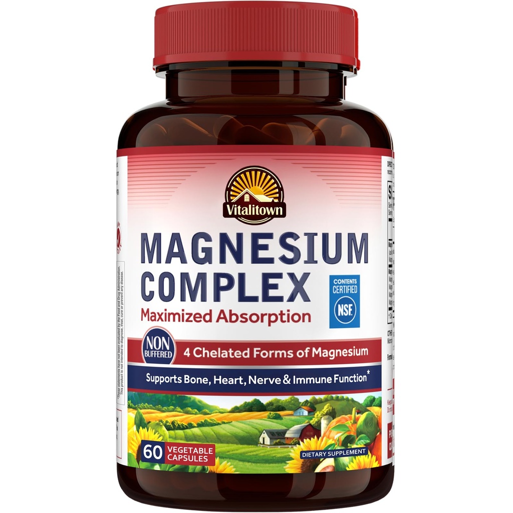Vitalitown Magnesium Complex Supplement 500mg - Maximierte Absorption NSF Certified Chelat Magnesium Glycinate, Malate, Taurate & Citrate - Vegan Non-GMO für Schlaf, Energie & Herz 60 Caps