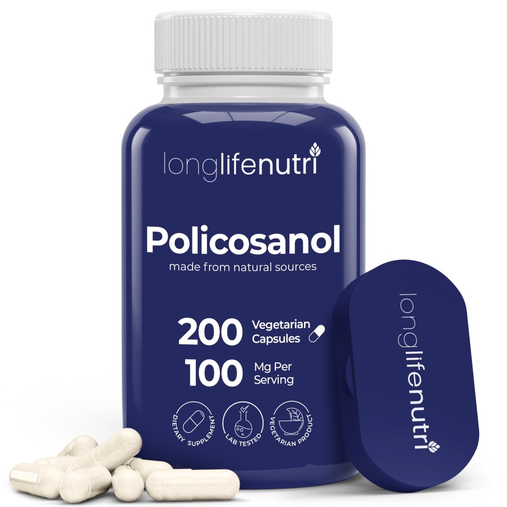 LongLifeNutri Policosanol 100mg - 200 Capsules végétariennes, Supplément de canne à sucre naturel pour le cholestérol équilibré, alimentation de 3 mois, non-OGM, laboratoire testé, fabriqué aux États-Unis